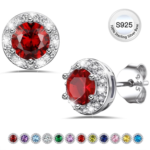 Bestyle Created Diamond Earrings for Women, Pure 925 Sterling Silver Stud Earrings with Round Red Garnet January Crystal Birthstone Jewelry