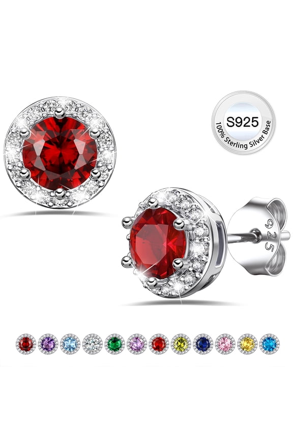 Created Diamond Earrings for Women, Pure 925 Sterling Silver Stud Earrings with Round Red Garnet January Crystal Birthstone Jewelry