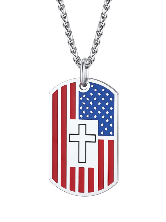 Cross Dog Tag Pendant for Men Stainless Steel American Flag Necklace Patriotic Religious Jewelry Gift