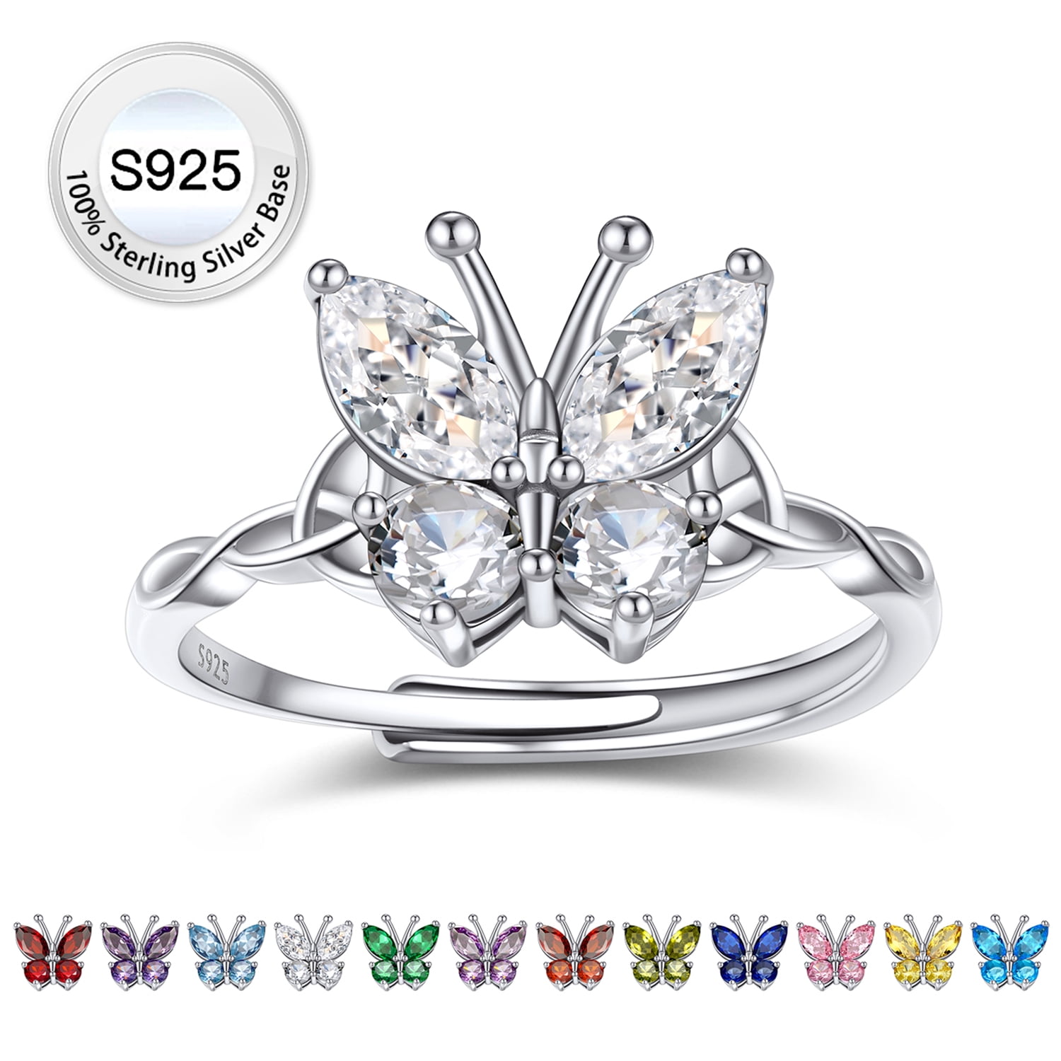 Bestyle Cute Butterfly Ring Pure S925 Sterling Silver Adjustable Open Ring April Diamond Birthstone Rings Birthday Mother's Day Gifts Size #6-12
