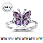 Bestyle Cute Butterfly Ring Pure S925 Sterling Silver Adjustable Open Ring January Garnet Birthstone Rings Christmas Birthday Wedding Gifts Size #6-12