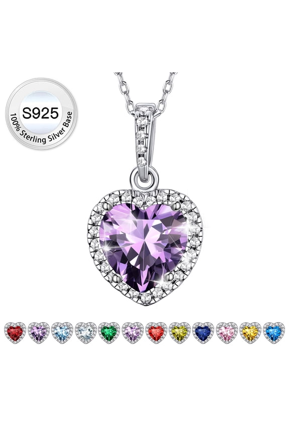 Pure 925 Sterling Silver Heart Necklace for Women Purple Amethyst Birthstone Choker Necklace Crystal Pendant Wedding Graduation Gifts