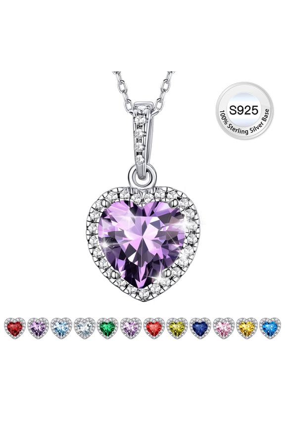 Pure 925 Sterling Silver Heart Necklace for Women Purple Amethyst Birthstone Choker Necklace Crystal Pendant Valentine's Day Gifts