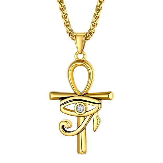Bestyle Eye of Horus Ankh Cross Pendant Necklace for Women Men Stainless Steel Chain Necklace Ancient Egyptian Amulet Jewelry Gifts - Gold Plated