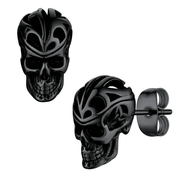 Bestyle Fashion Men Skull Earring Black Skeleton Stud Earrings Gothic Cool Hip Hop Rapper Earrings Punk Halloween Jewelry