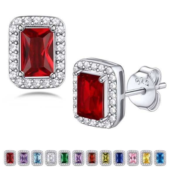 Bestyle Girls Square Diamond Stud Earrings January Garnet Birthstone Earrings, Sterling Silver Earrings Birthday Jewelry Gift for Women