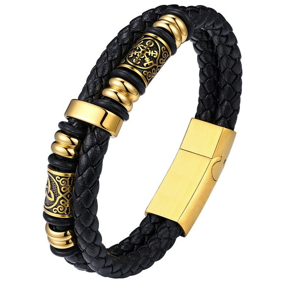 Bestyle Gold Plated Leather Bracelets for Men, Fashion Stainless Steel Celtic Beaded Wristband Gifts for Birthday Valentine's Day, 8.3 Inch