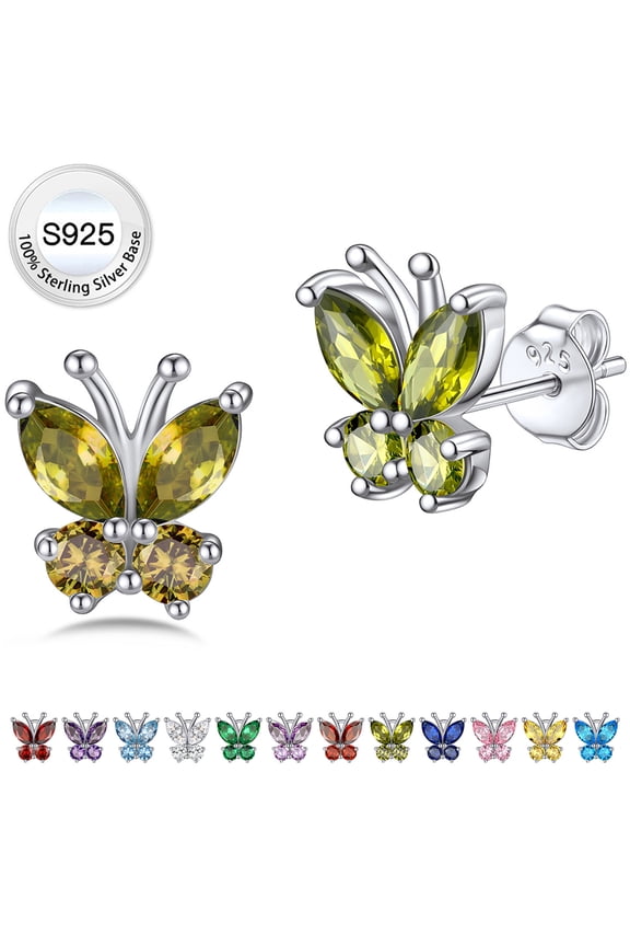 Green Peridot Crystal Butterfly Earring Studs Cute Shiny Pure 925 Sterling Silver Birthstone Earrings for Granddaughter Niece Sister - August