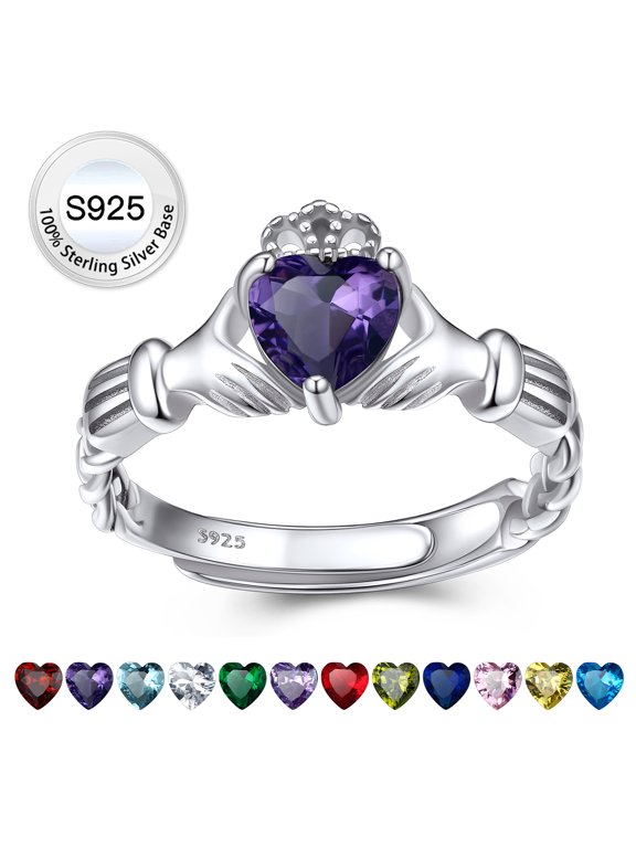 Heart Celtic Claddagh Rings February Amethyst Women Pure 100% S925 Sterling Silver Base Birthstone Ring Gifts for Birthday Christmas Adjustable #6-12