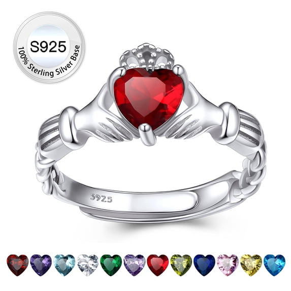 Bestyle Heart Celtic Claddagh Rings July Ruby Women Pure 100% S925 Sterling Silver Base Birthstone Ring Gifts for Birthday Mother's Day Adjustable #6-12