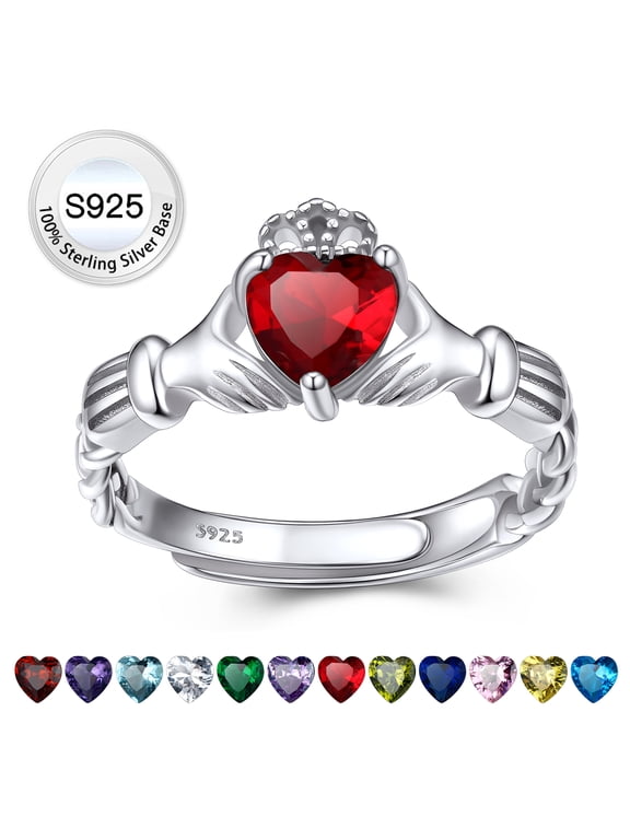 Heart Celtic Claddagh Rings July Ruby Women Pure 100% S925 Sterling Silver Base Birthstone Ring Gifts for Birthday Christmas Adjustable #6-12
