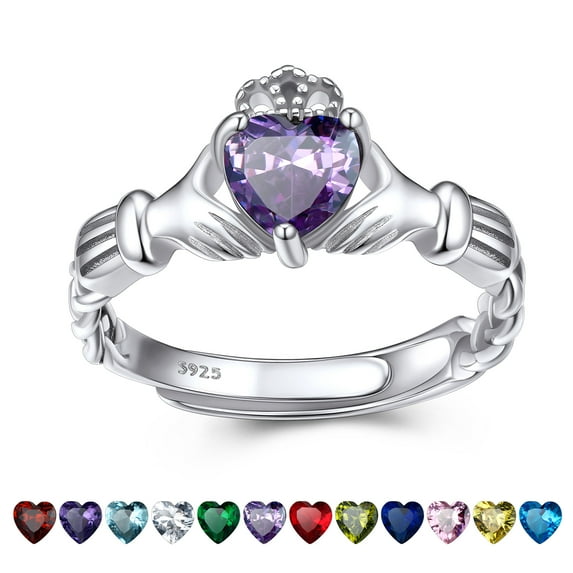 Bestyle Heart Celtic Claddagh Rings June Alexandrite Birthstone Ring Women Sterling Silver Band Adjustable #6-12 for Birthday Christmas Wedding