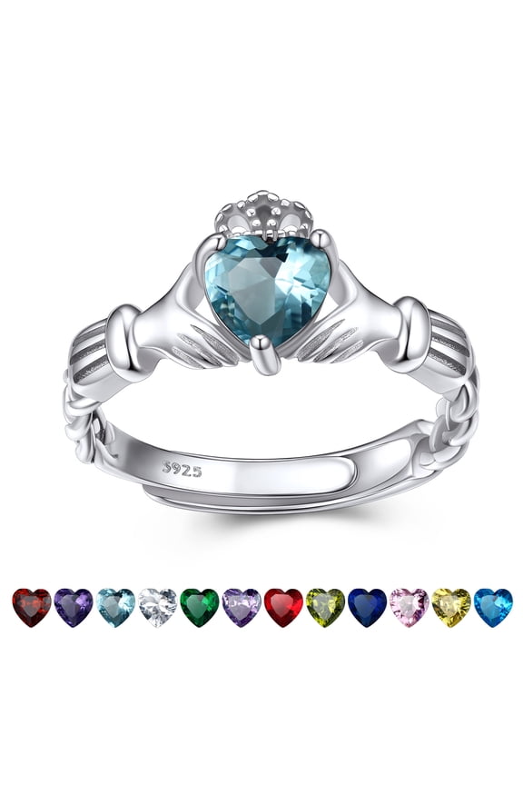 Heart Celtic Claddagh Rings March Aquamarine Birthstone Ring Women Sterling Silver Band Adjustable #6-12 for Birthday Christmas Wedding