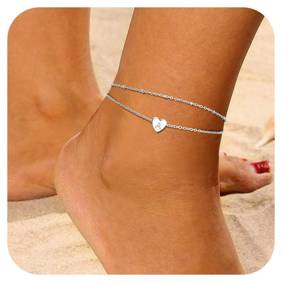 Bestyle Initial Heart Anklet Bracelets for Women Double Layered Letter A Ankle Chain Summer Feet Jewelry for Her Mom Daughter Wife