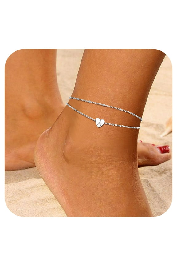Initial Heart Anklet Bracelets for Women Double Layered Letter A Ankle Chain Summer Feet Jewelry for Her Mom Daughter Wife
