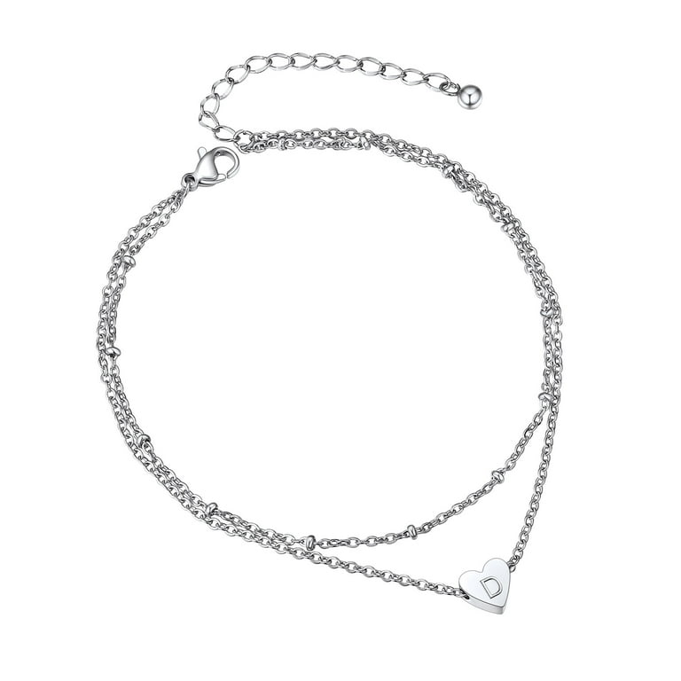 Bestyle Initial Heart Anklet Bracelets for Women Letter D Stainless Steel Ankle Double Layered Chain Summer Feet Jewelry for Mom Daughter Women s