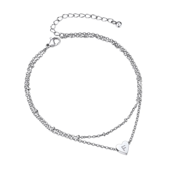 Bestyle Initial Heart Anklet Bracelets for Women Double Layered Letter F Ankle Chain Summer Feet Jewelry for Her Mom Daughter Wife
