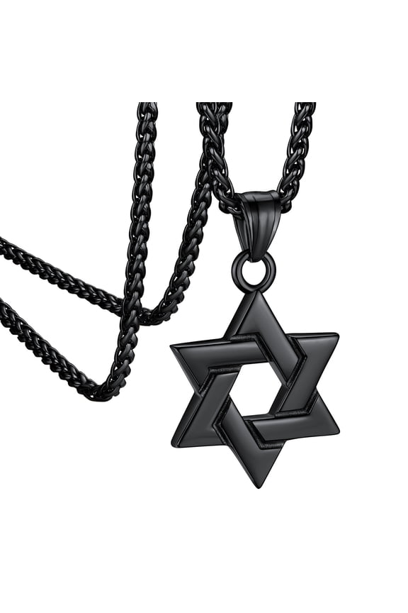 Jewish Star of David Necklace Hexagram Pendant Necklace Stainless Steel Jewelry Gifts for Men Boyfriend Dad Father - Black