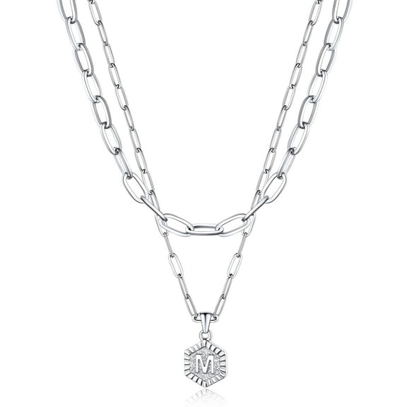 Bestyle Layered Initial Necklace for Women, 2PCS Stainless Steel Letter M Pendant Necklace & Paperclip Chain Choker Jewelry Gift