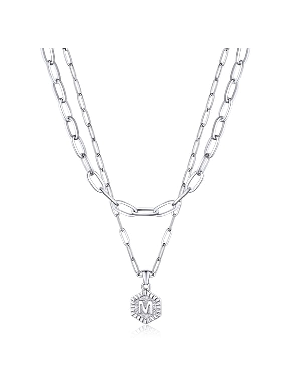 Layered Initial Necklace for Women, 2PCS Stainless Steel Letter M Pendant Necklace & Paperclip Chain Choker Jewelry Gift