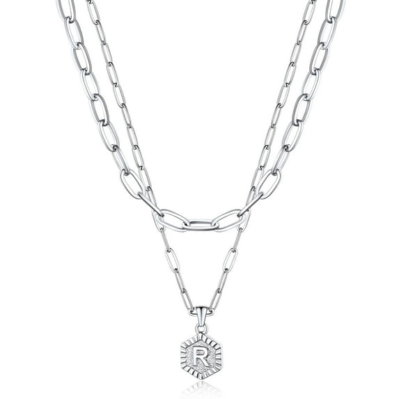 Bestyle Layered Initial Necklace for Women, 2PCS Stainless Steel Letter R Pendant Necklace & Paperclip Chain Choker Jewelry Gift