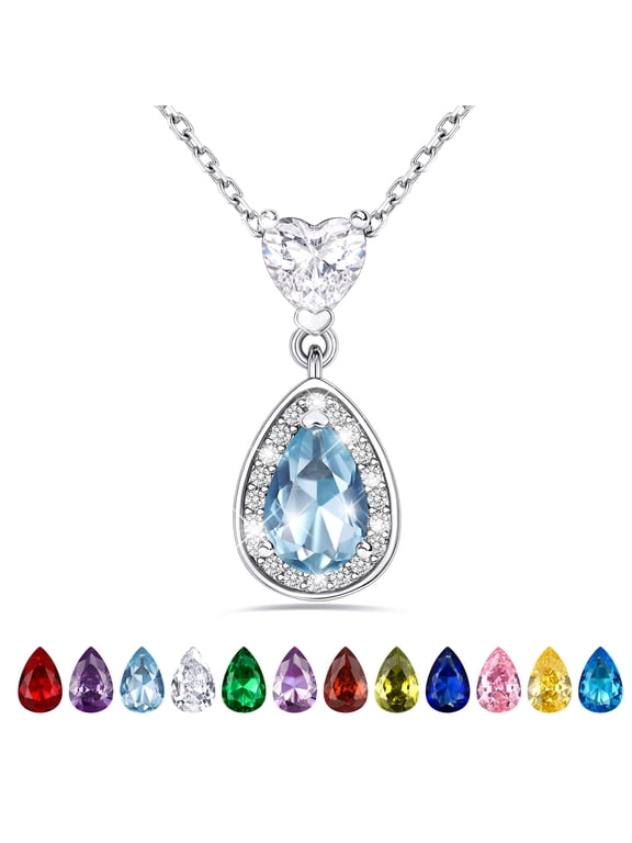 March Aquamarine Birthstone Necklace for Women Heart & Pear Cut Halo Dangle Pendant Necklace Gifts for Birthday Christmas Stocking Stuffers