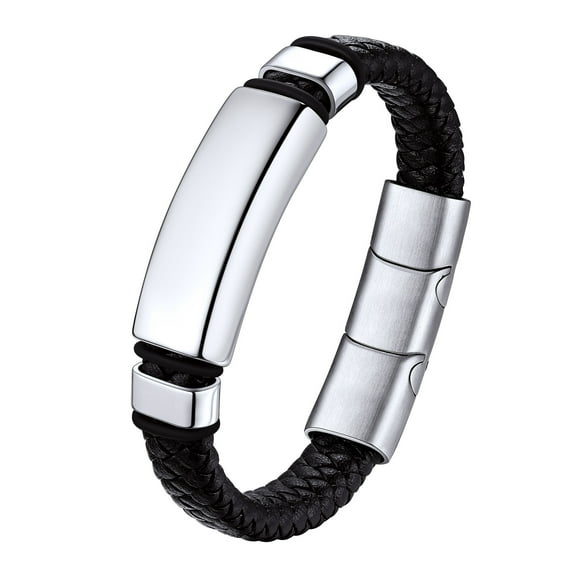 Bestyle Braided Leather Bracelet for Men Stainless Steel ID Tag Bracelet Wristband Jewelry Gifts for Father's Day Birthday Christmas