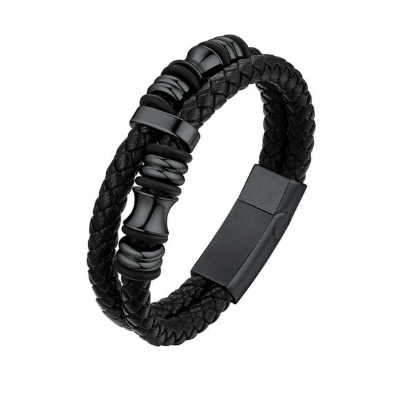 Bestyle Men Black Bracelets Double-Row Braided Leather Bracelet Stainless Steel Wristband Bangle Gift for Dad Son Bother Boyfriend 7.5"
