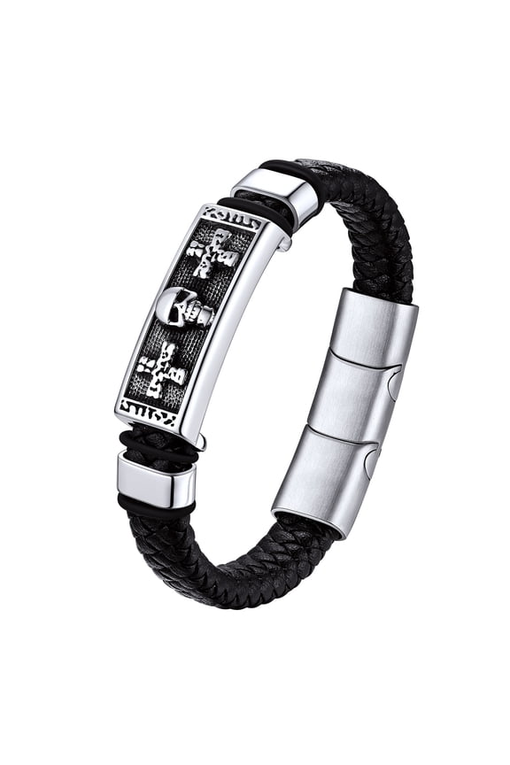 Men's Leather Bracelet Gothic Punk Skull Cross Tag Stainless Steel Cuff Bangle Wristband Gift for Father's Day Birthday