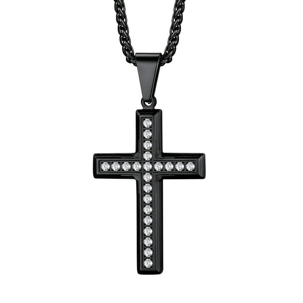 Bestyle Men's Cross Necklace with Sparkle Cubic Zirconia Christian Jesus Cross Pendant Necklace 3D Trendy Jewelry Gift, Black
