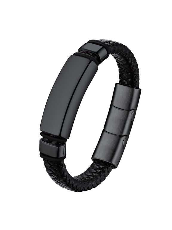 Braided Leather Bracelet for Men Stainless Steel ID Tag Bracelet Wristband Jewelry Gifts for Father's Day Birthday Christmas