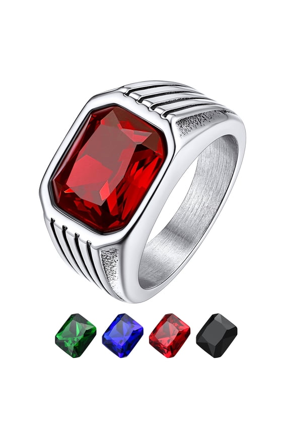 Mens Stainless Steel Signet Ring Thumb Pinky Ring, Square Red Created Garnet Ring Crystal Statement Ring for Brother Nephew Son Dad Size 10