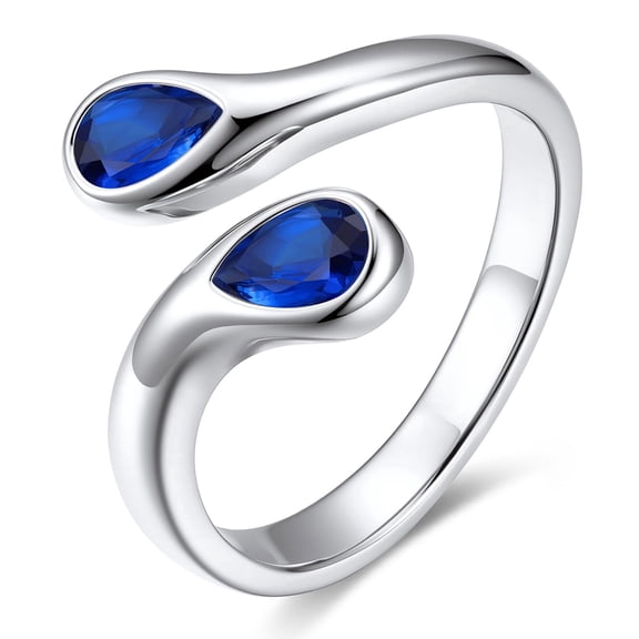Bestyle Pear-Cut Created Sapphire Birthstone Ring for Women Love Statement TOI et Moi Ring Wedding Birthday Mother's Day Gifts Open Size 5-10