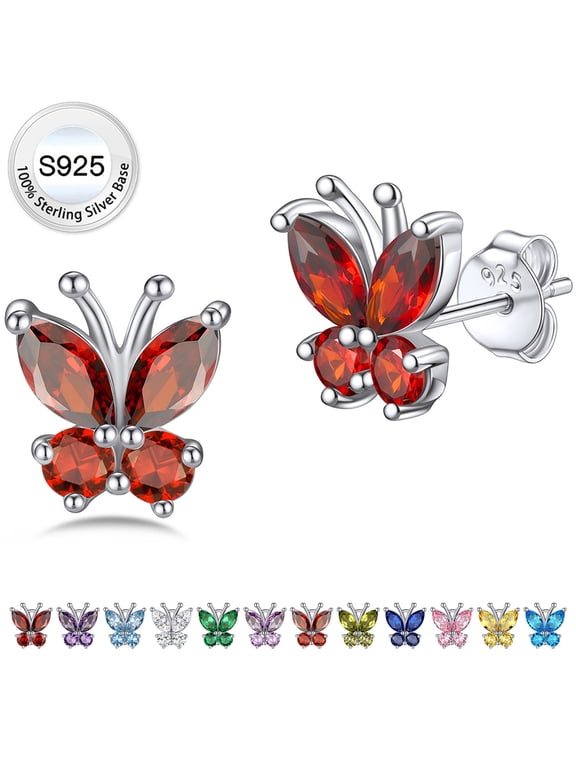 Red Ruby Crystal Butterfly Earring Studs Cute Shiny Pure 925 Sterling Silver Birthstone Earrings for Granddaughter Niece Sister - July