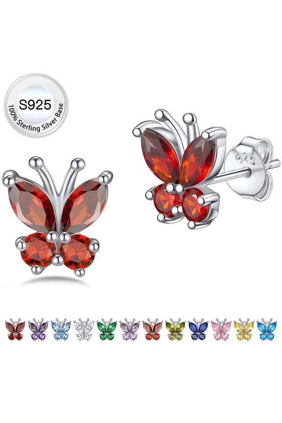 Red Ruby Crystal Butterfly Earring Studs Cute Shiny Pure 925 Sterling Silver Birthstone Earrings for Granddaughter Niece Sister - July