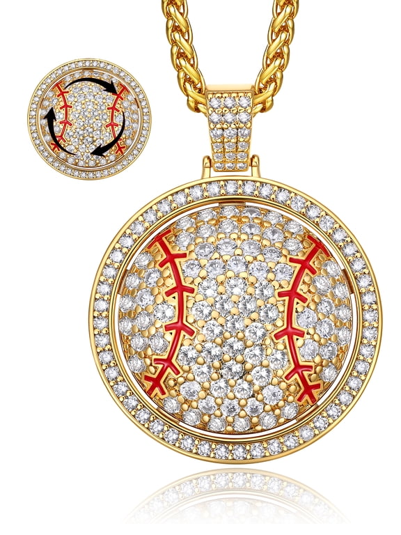 Rotatable Baseball Pendant Necklace for Men Gold Plated CZ Sport Ball Necklace Father's Day Christmas Jewelry Gift for Dad Husband