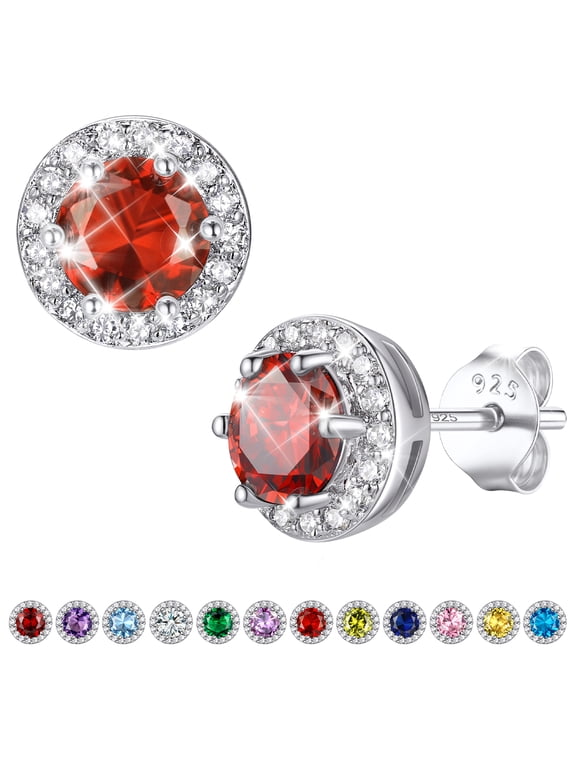 Round Cut Stud Earrings for Women, 0.5 Carat Simulated Ruby Crystal Birthstone Christmas Jewelry Gifts for Daughter Mom Wife Niece