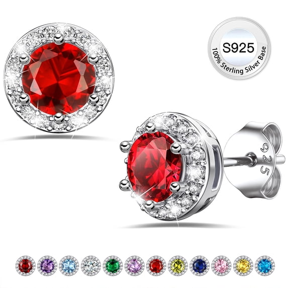 Bestyle Pure S925 Sterling Silver CZ Round Diamond Earrings, Dainty July Ruby Birthstone Studs, Christmas/Birthday/Valentines Gifts