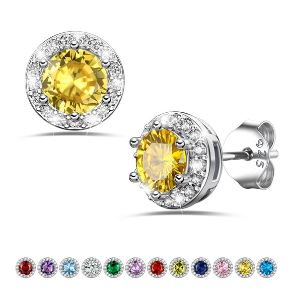 Bestyle S925 Sterling Silver CZ Round Diamond Earrings, Dainty November Citrine Birthstone Studs, Christmas/Birthday/Valentines Gifts