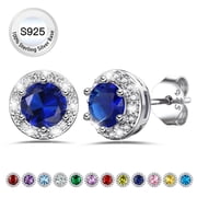 Bestyle Pure S925 Sterling Silver CZ Round Earrings, Dainty September Sapphire Birthstone Studs, Christmas/Birthday/Anniversary Gifts