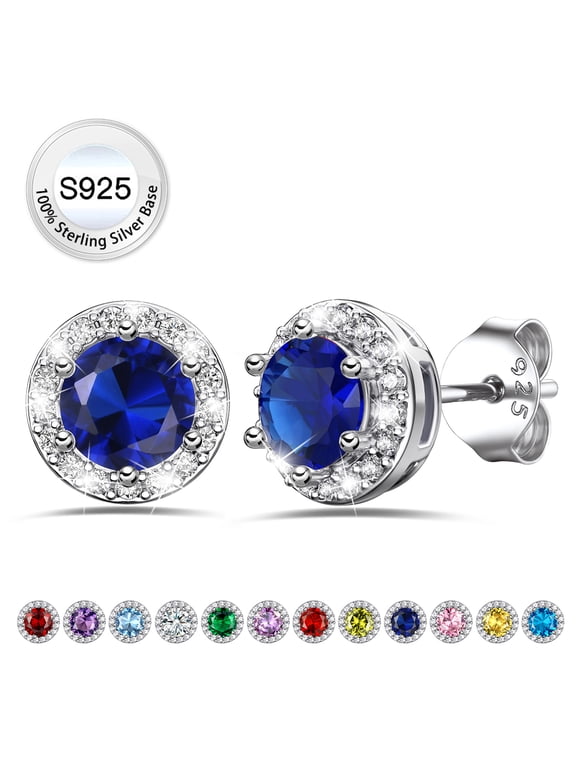 Pure S925 Sterling Silver CZ Round Earrings, Dainty September Sapphire Birthstone Studs, Christmas/Birthday/Anniversary Gifts