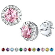 Bestyle S925 Sterling Silver Earrings Created Pink Tourmaline Stud Earrings October Round Birthstone Jewelry Birthday Christmas Gifts