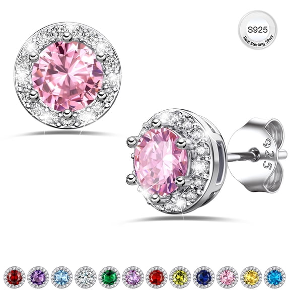 Bestyle Pure S925 Sterling Silver Earrings Created Pink Tourmaline Stud Earrings October Round Birthstone Jewelry Gifts for Valentines Day Birthday