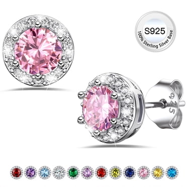 Bestyle Pure S925 Sterling Silver Earrings Created Pink Tourmaline Stud Earrings October Round Birthstone Jewelry Gifts for Valentines Day Birthday