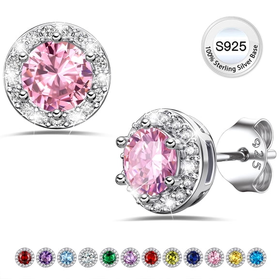 Bestyle Pure S925 Sterling Silver Earrings Created Pink Tourmaline Stud Earrings October Round Birthstone Jewelry Gifts for Valentines Day Birthday