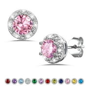 BESTYLE S925 Sterling Silver Earrings Created Pink Tourmaline Stud Earrings October Round Birthstone Jewelry Gifts for Birthday Christmas