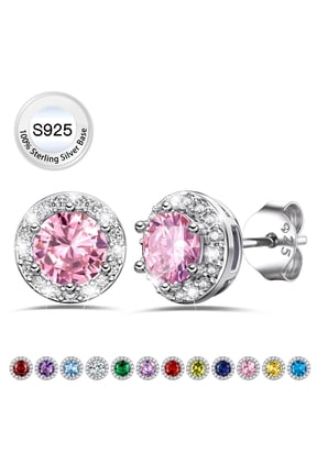 Pure S925 Sterling Silver Earrings Created Pink Tourmaline Stud Earrings October Round Birthstone Jewelry Gifts for Birthday Chritmas Wedding