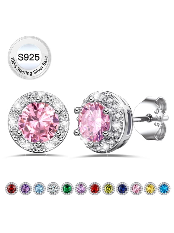 Pure S925 Sterling Silver Earrings Created Pink Tourmaline Stud Earrings October Round Birthstone Jewelry Gifts for Birthday Chritmas Wedding