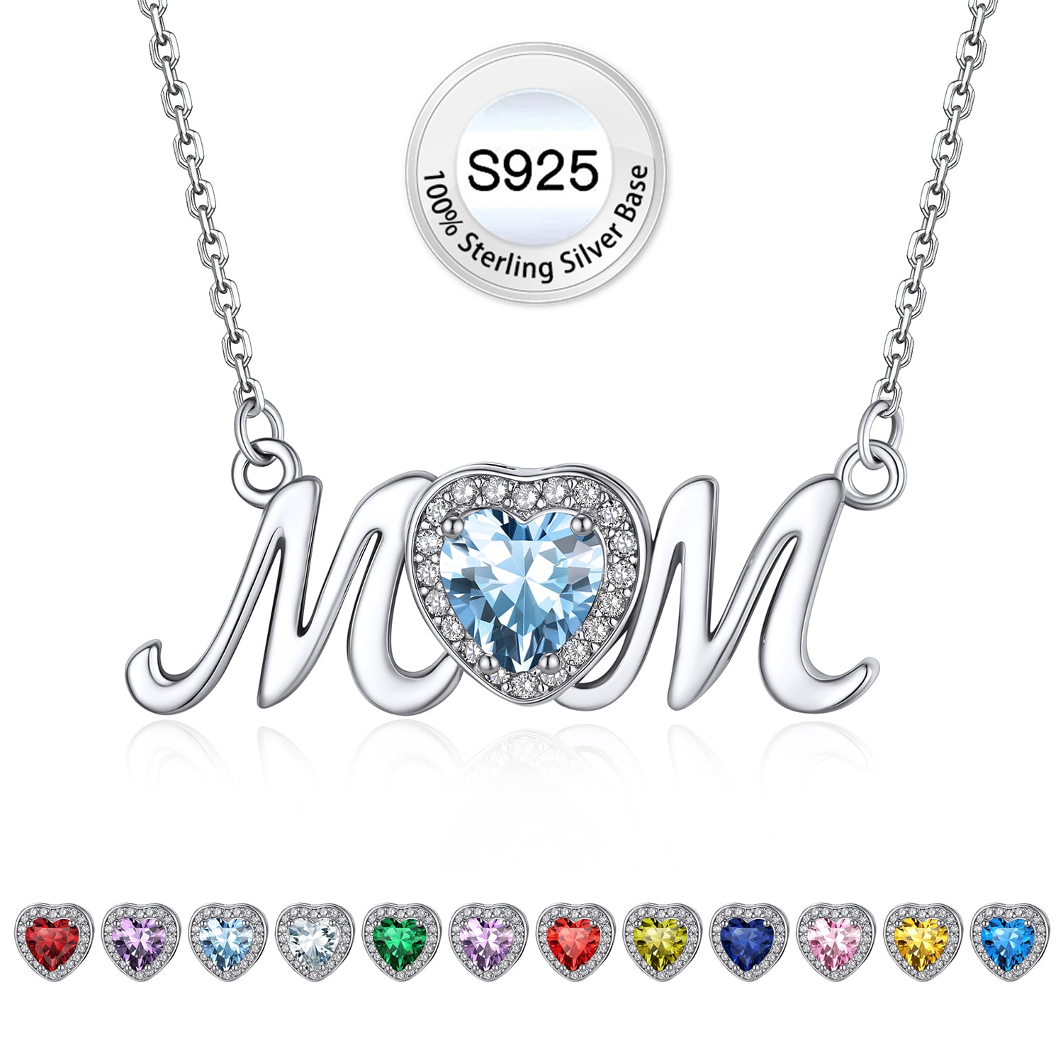 Bestyle Pure S925 Sterling Silver Necklace for Mom Grandma Shiny CZ Heart Pendant Necklace March Created Aquamarine Birthstone Jewelry Mother's Day Gifts