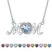 Bestyle S925 Sterling Silver Necklace for Mom Grandma Shiny CZ Heart Pendant Necklace March Created Aquamarine BirthStone Jewelry Mother's Day Gift